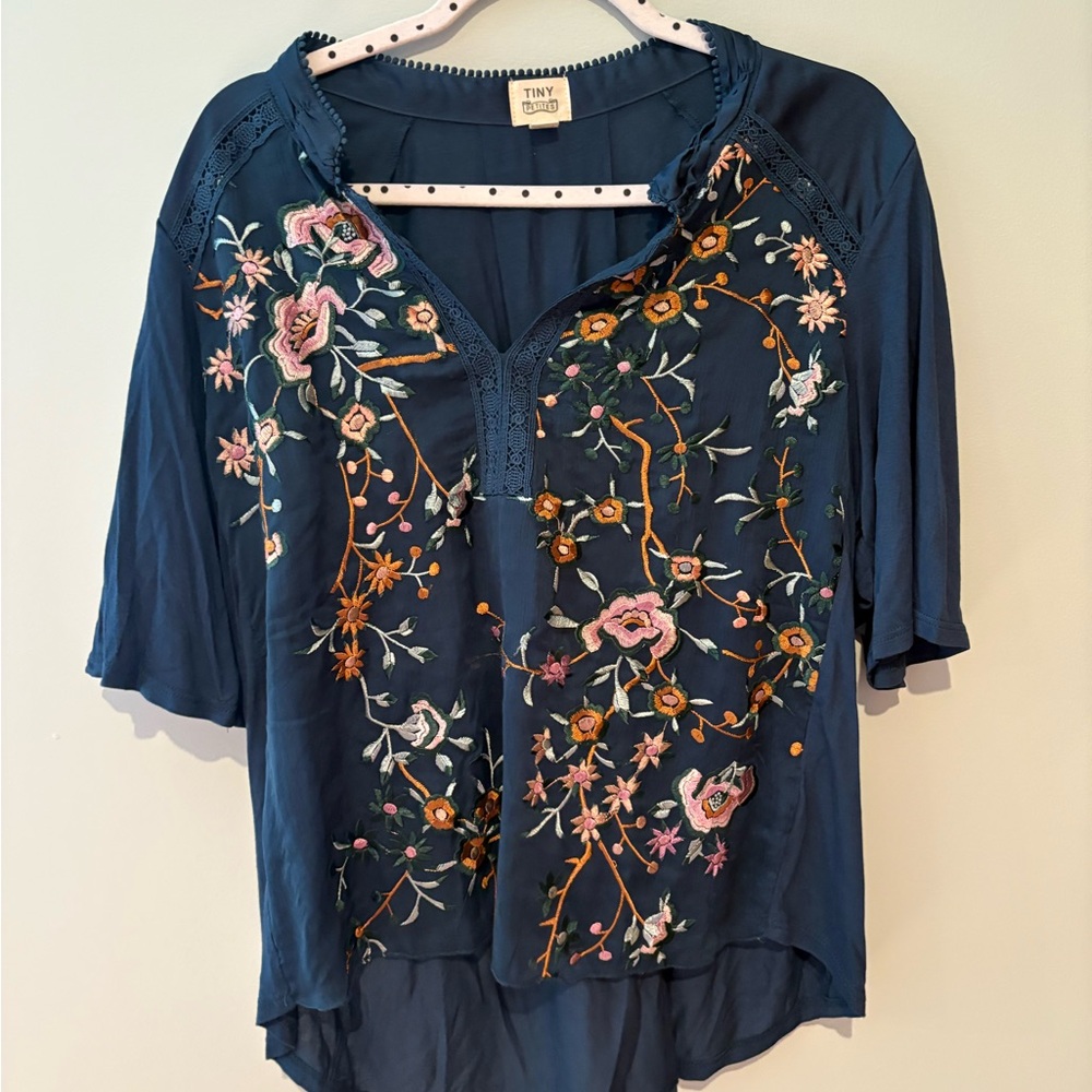Anthropologie Navy Floral Embroidered Blouse